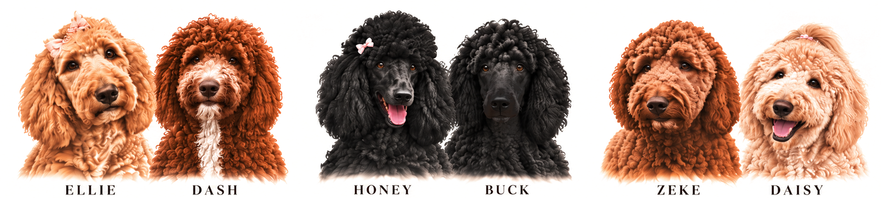 Portraits of our six parent dogs: Ellie Mae, Dash Riprock, Honey Bunny, Buck Lee, Zeke Everette and Daisy Marie